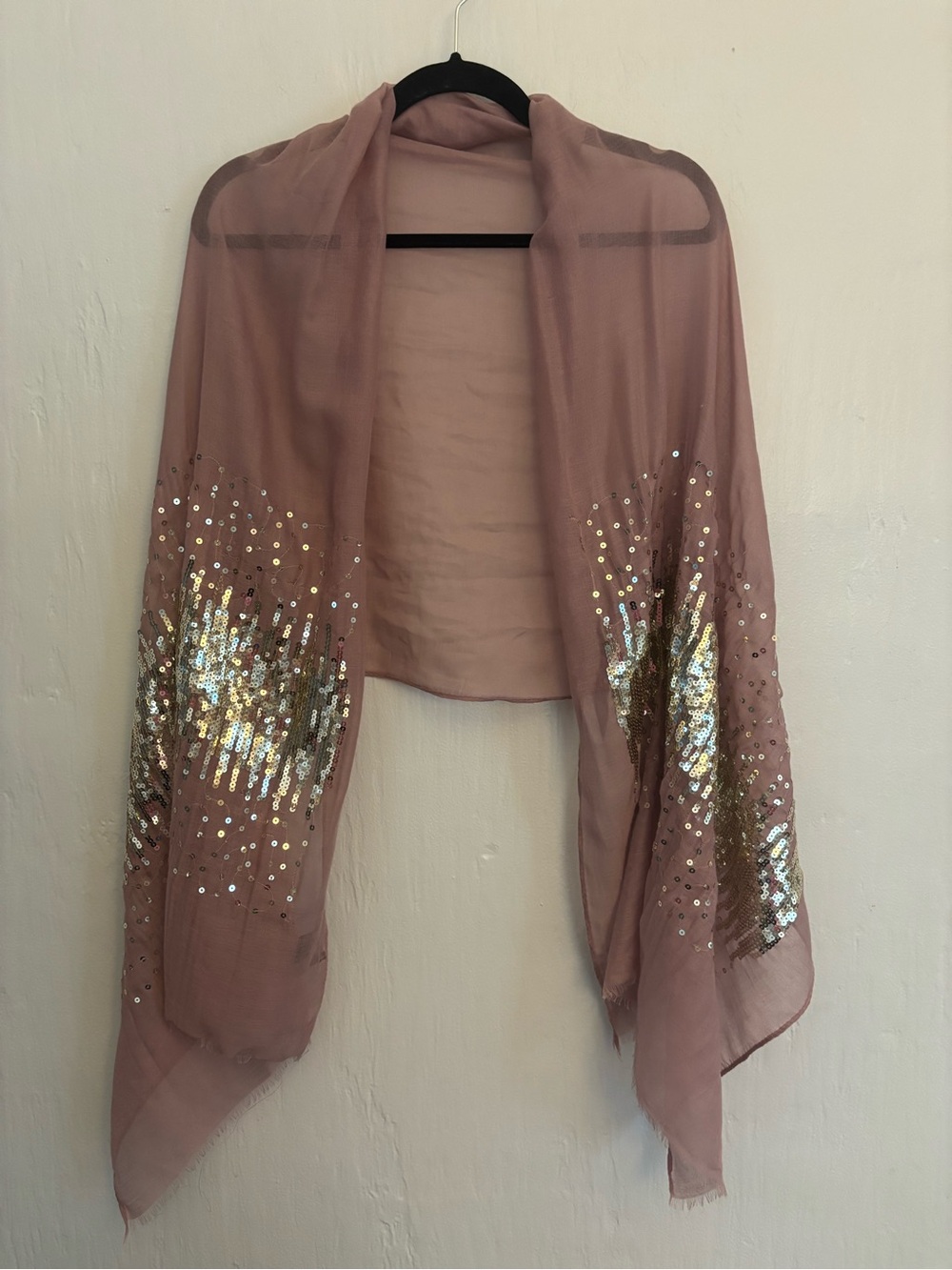 Sequin-Embellished Fringe Blush Wrap Scarf